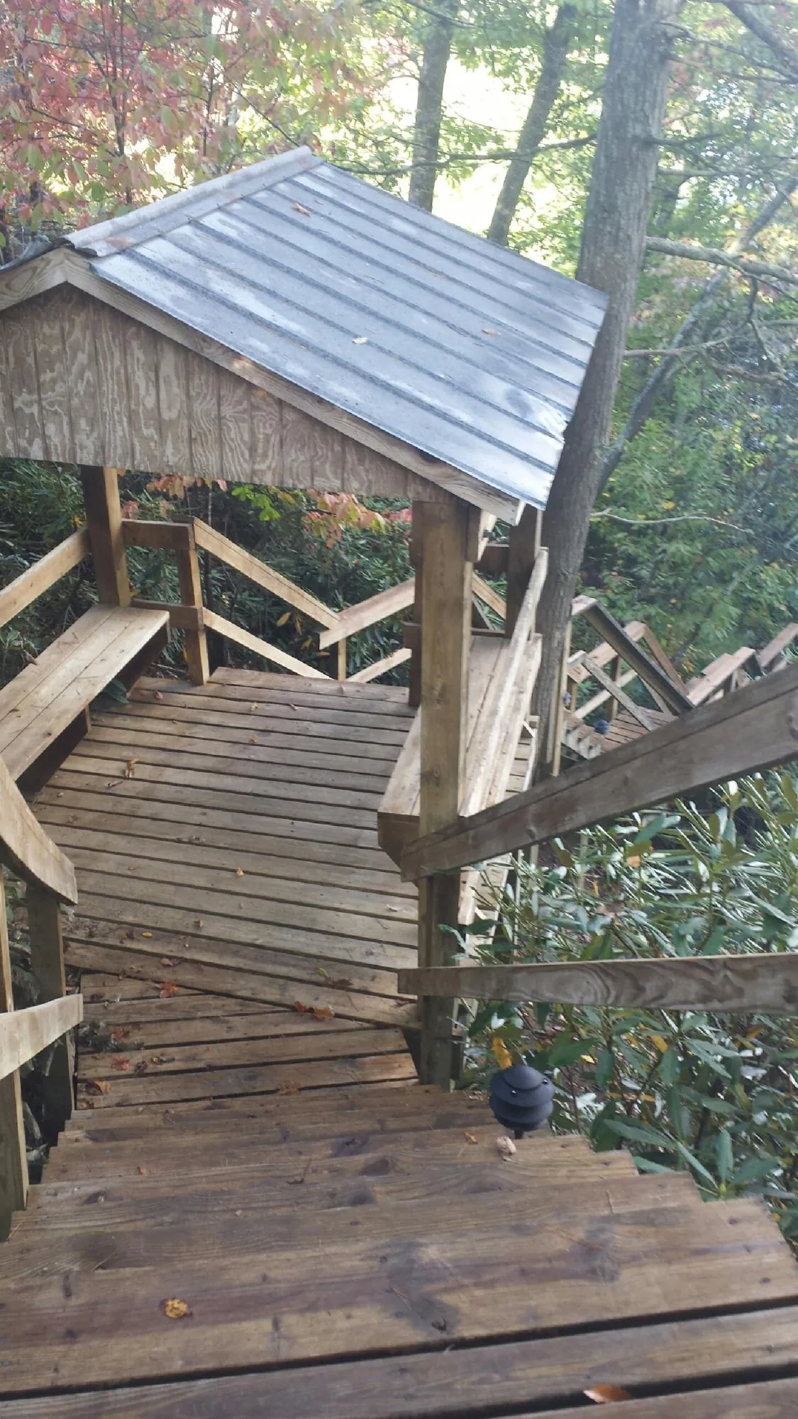 Metal roofed shelter over wooden steps on a wooded walkway — Skylight Repair & Installation work by our crew in Mount Clare